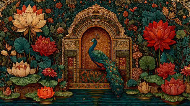 An ornate Mughal pichwai art-inspired illustration for wallpaper, featuring a detailed garden scene with a peacock by a lotus pond, framed by an elaborate arch. The design is rich in traditional