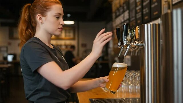 Young woman serving beer from a tap in a modern bar setting  