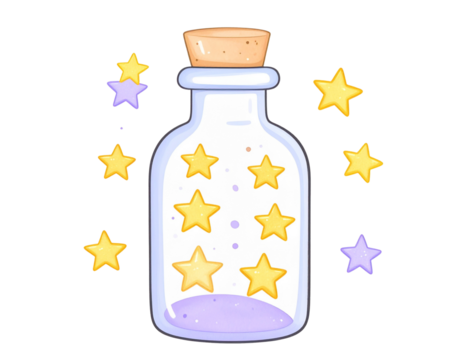 magic potion bottle with glitter stars, whimsical style, transparent background