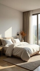 Serene minimalist bedroom featuring a simple bed, muted tones, and natural light; emphasizing calm and tranquility for restful sleep , peaceful, harmony, hygge