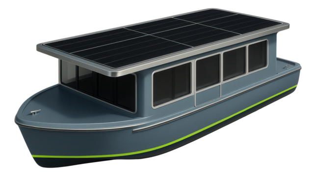 Modern houseboat with a flat roof and solar panels