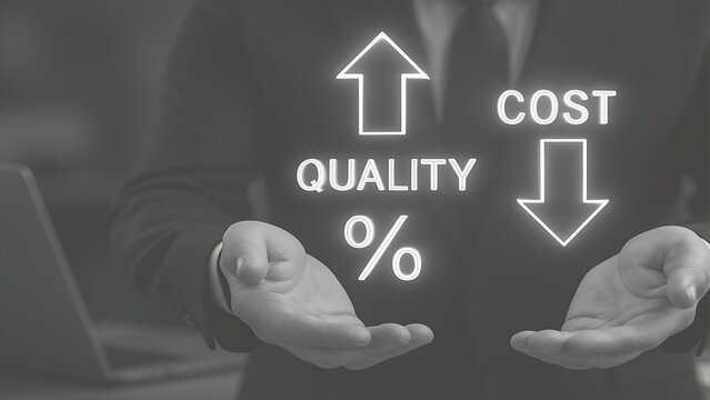 Businessman presenting quality increase and cost decrease suit hands