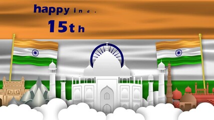 happy independence day and 15th august blessings on waving national flag of india. 15th august greetings animation.