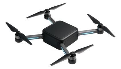 Quadcopter drone with four rotors and a compact, square body frame