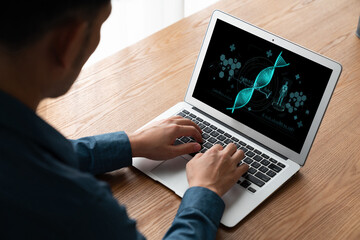 Medical science technology and futuristic healthcare virtual computer software analyze human health...