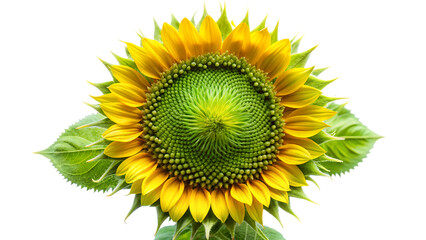Close up of a young sunflower bud with bright yellow petals and fuzzy green sepals isolated on a transparent background