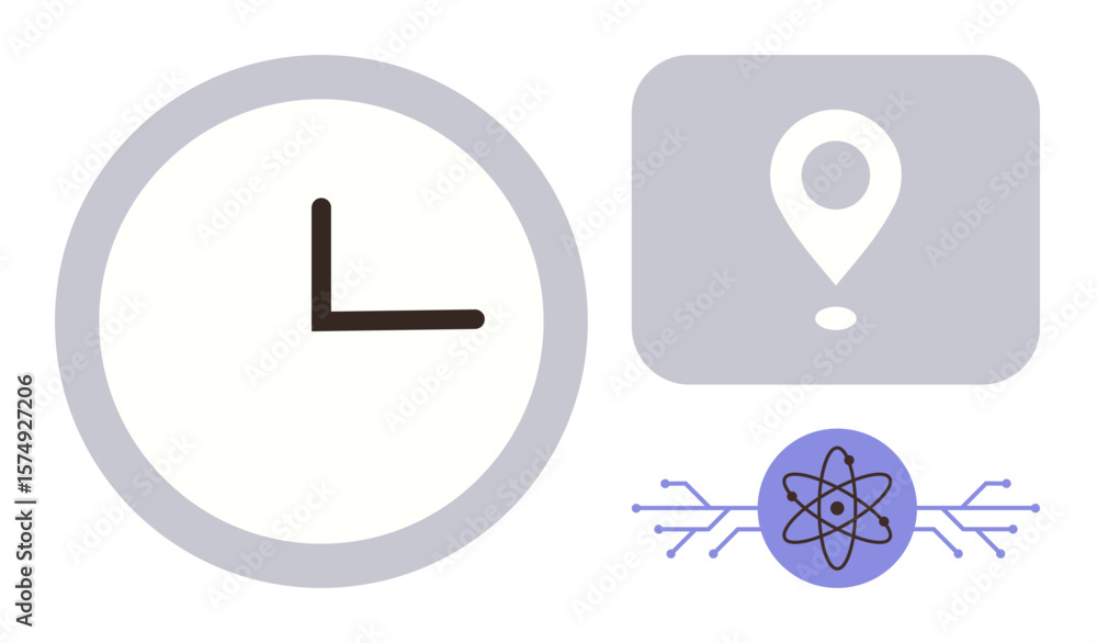Poster clock indicating time, location pin for navigation, and atom with digital circuit lines symbolizing 