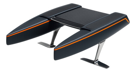 Modern catamaran with angular hulls and prominent hydrofoil struts