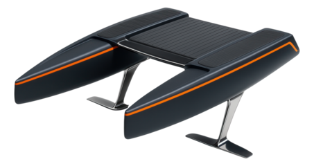 Modern catamaran with angular hulls and prominent hydrofoil struts