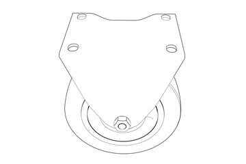 Monochrome Outline Illustration of Heavy Duty Caster Wheel Blueprint | Technical Drawing and Wireframe Schematic of Industrial Equipment Mechanical Part Simple Line Art for Design and Production Plan