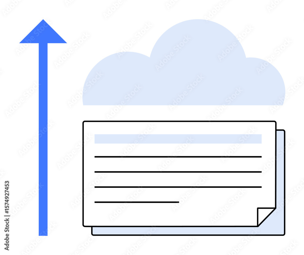 Aufkleber cloud with stack of documents and upward arrow indicating digital upload. ideal for cloud storage, d