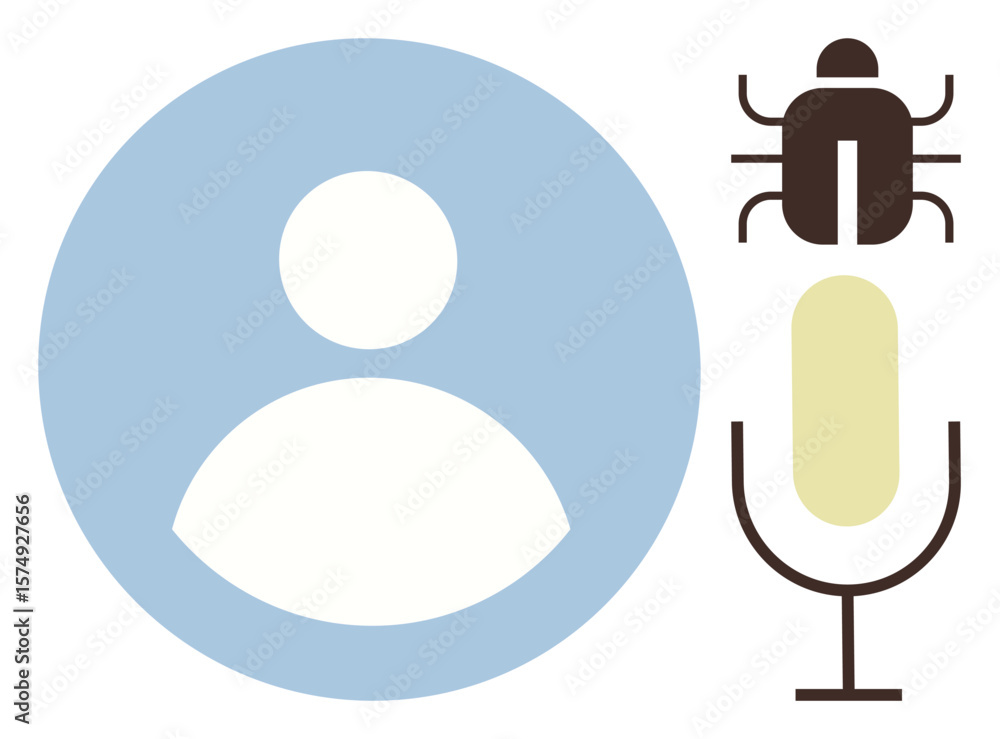 Poster user avatar next to microphone and bug symbolizing voice technology, debugging, and user-system inte