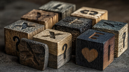 Wooden Puzzle Cubes: Close-up shot of nine wooden puzzle cubes with symbols, letter, and heart carved into their sides, inviting a moment of mental engagement and puzzle-solving.