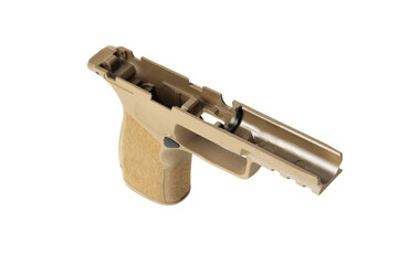 Top view of a flat dark earth pistol frame showcasing internal structure on white back