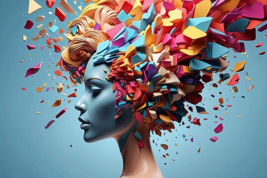 Back view of a human head exploding into 3D abstract colorful shapes representing thoughts and creativity.

