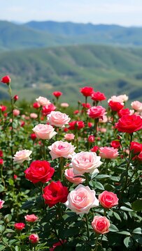 Vibrant Rose Garden in Full Bloom: Red and Pink Flowers with Mountain Backdrop
