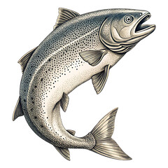 Detailed illustration of a leaping Atlantic salmon fish with black spots and silver scales isolated on a transparent background