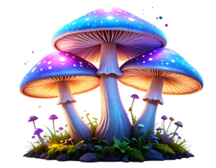 magical glowing mushroom trio, fantasy illustration, transparent background