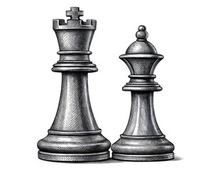 Detailed pen and ink drawing of a silver king and queen chess pieces isolated on a transparent background