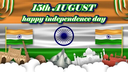 15th august and happy independence greetings animation. historical indian monuments and waving flag with independence day blessings.