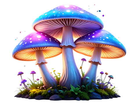 magical glowing mushroom trio, fantasy illustration, transparent background