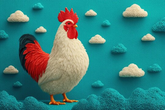 A fluffy rooster against a teal textured background with cloud accents - Powered by Adobe