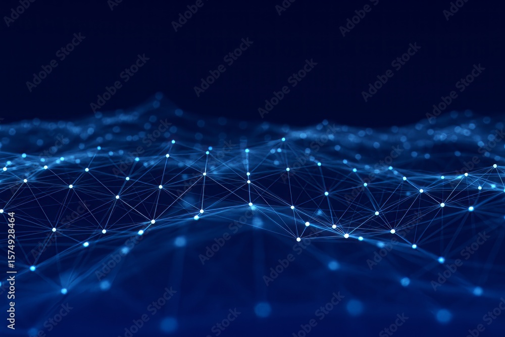 Poster abstract technology network: interconnected dots with lines representing data flow in a blue digital