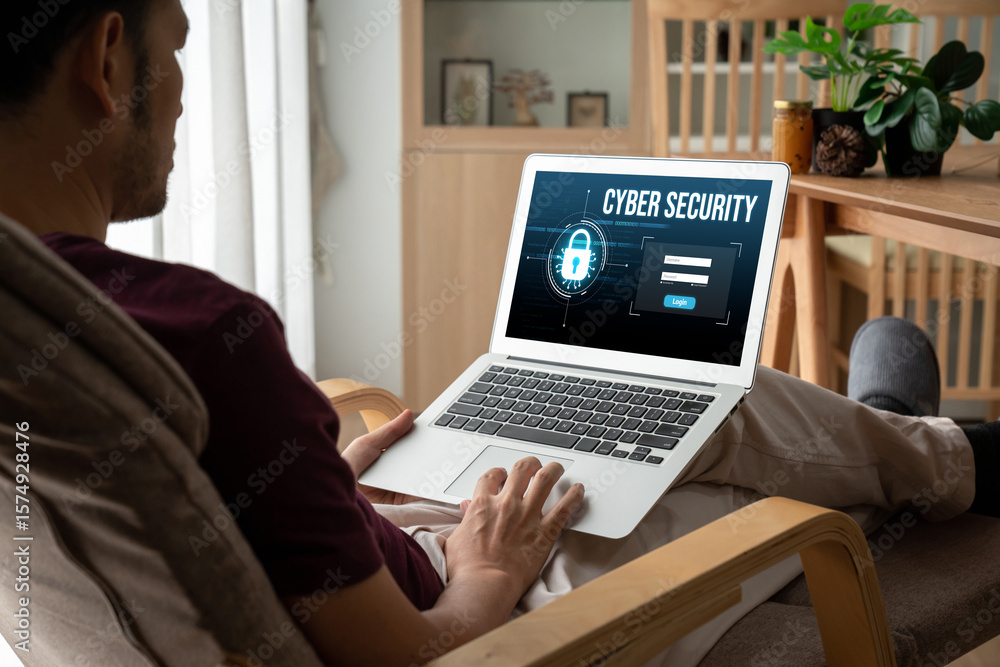 Poster cyber security system on computer screen protect private information snugly from hacker and cyber at