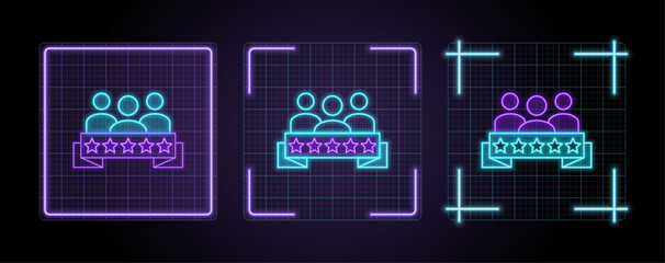 5-star teamwork icon illustration, cyber neon visual, glowing border grid vector.
