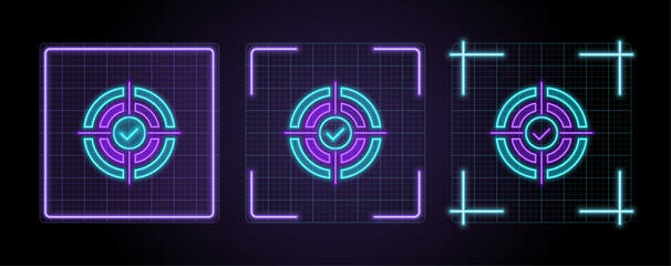 Target checkmark illustration, cyber neon visual, glowing border grid vector.