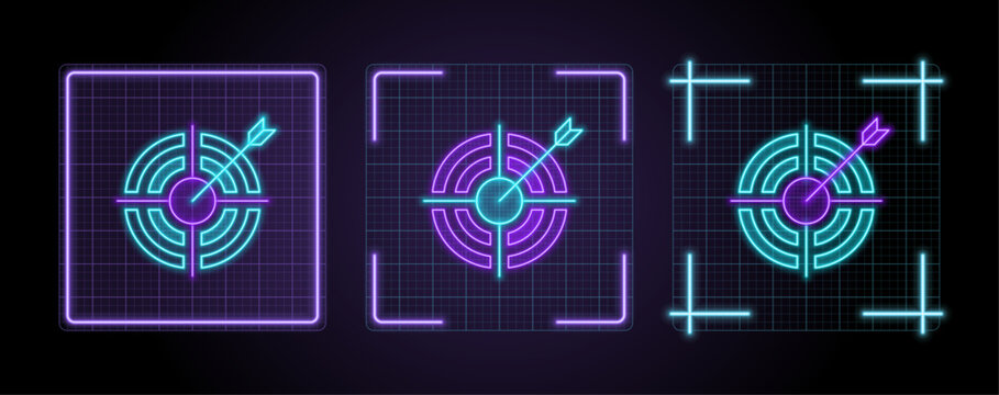  Target arrow icon illustration, cyber neon visual, glowing border grid vector.