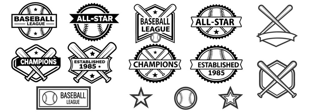 Monochrome vector badge set for baseball leagues, championship titles, and all-star teams with bats, stars, and emblem elements for sports design