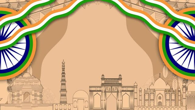 indian historical monuments decoration in light orenge colour and indian flag ashoka chakra. concept animation for national holiday in india.