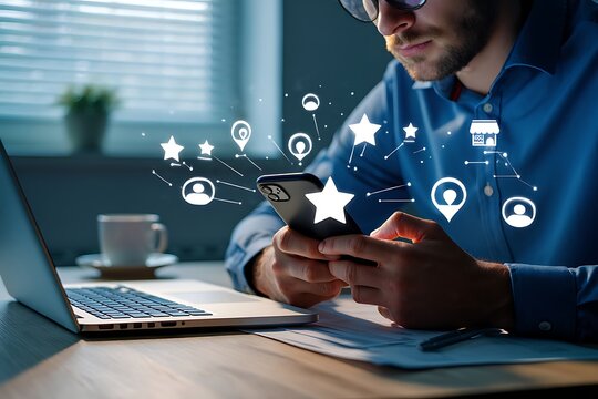 Man in blue shirt using smartphone with glowing digital icons of stars people and location pins connecting to a store representing online business and customer engagement