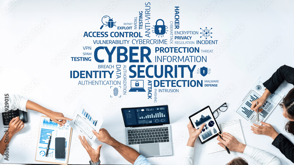 Poster explore the essential elements of cyber security through detailed reports and graphs displayed on a 