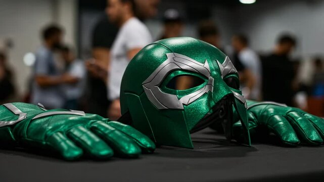 Green superhero mask and gloves displayed on table at convention  