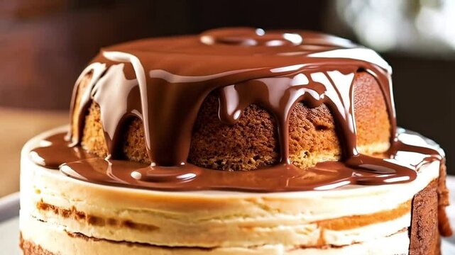 Decadent chocolate sauce pouring on moist layered cake in close-up, slow-motion food video with copy space