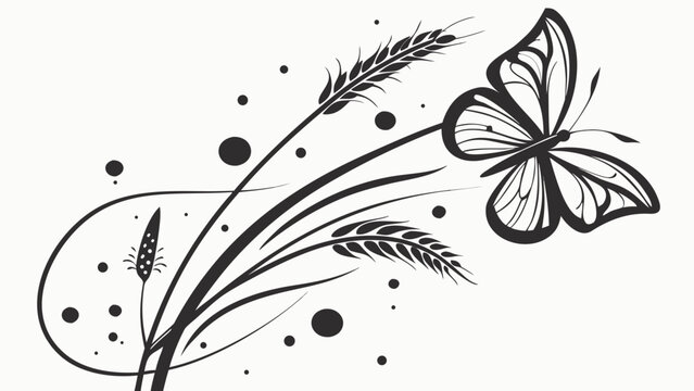 Elegant Black and White Butterfly and Wheat Design Vector Illustration