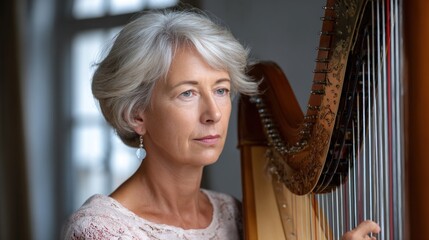 Senior professional harpist playing with elegant harp in concert hall