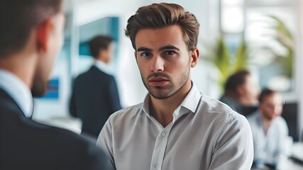Obraz premium A focused young man in a white shirt stands out in a busy office environment with other people present