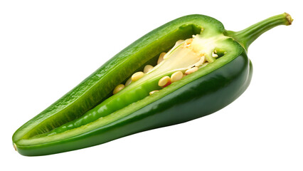 Halved green jalapeno pepper showing seeds and white pith isolated on a transparent background chili