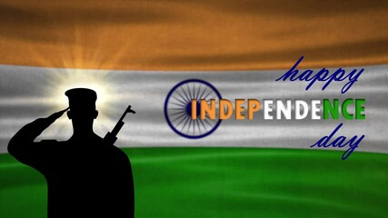 happy independence day greetings with saluting army man on waving indian flag background. national holiday animation.