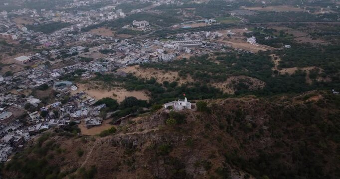Aerial view of gayatri mata temple on a hilltop, India.