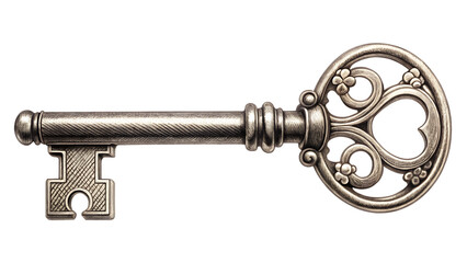 Ornate antique silver key with intricate floral scrollwork and detailed bit isolated on a transparent background