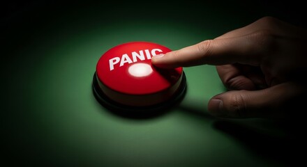 Hitting the Panic Button. Hand and Finger Reaching out and Pressing a Red Button with the words 'Panic Button' on it in white.