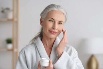 Smiling senior woman applying cream on face at home