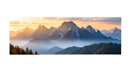 Panoramic view of misty mountain range at sunrise with golden light illuminating peaks and forested slopes isolated on a transparent background