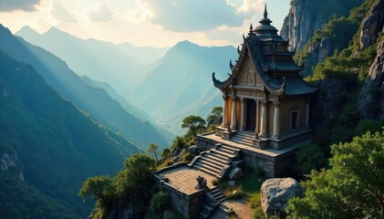 Serene temple nestled in mountains, sunlight streaming through ancient stone carvings, conveying peace and spiritual connection , stone, mountains