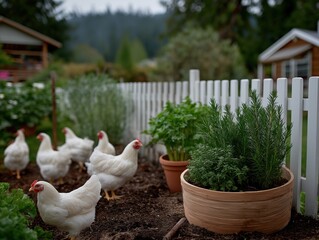 Homestead-style vegetable garden featuring white chickens roaming among lush herbs and vegetables, surrounded by a rustic wooden fence and serene natural landscape