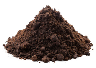 Pile of dark brown soil with visible clumps and fine particles isolated on a transparent background dirt 1